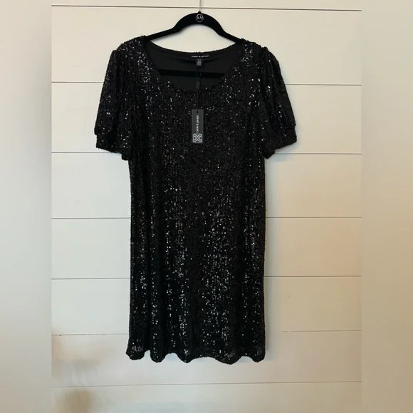cable and gauge sequin dress NWT Cable & Gauge black sequin mini shift dress size Large
